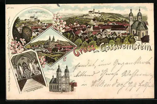 Lithographie Gössweinstein, Ortsansicht mit Burg und Kirche
