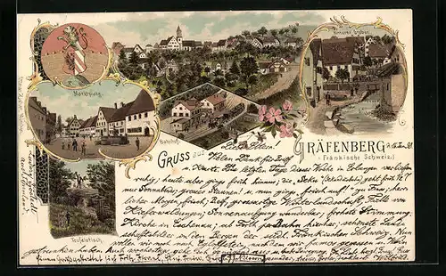 Lithographie Gräfenberg /Fränk. Schweiz, Totalansicht mit Marktplatz