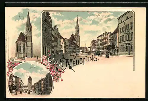 Lithographie Neuötting, Ortsansicht mit Stadtplatz und Kirche