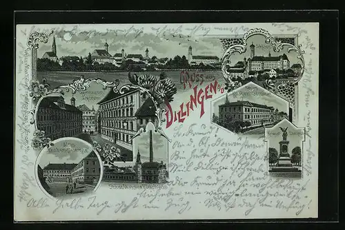 Mondschein-Lithographie Dillingen a. D., Totalansicht mit Kriegerdenkmal und Gymnasium Lyceum