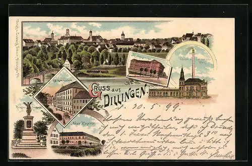 Lithographie Dillingen, Totalansicht mit Neuer Kaserne und Kgl. Gymnasium