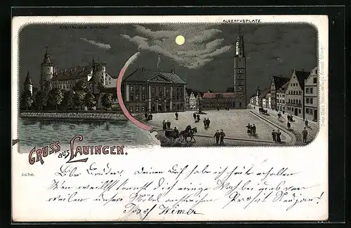 Mondschein-Lithographie Lauingen, Ortsansicht mit Schloss und Albertusplatz
