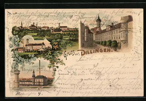 Lithographie Dillingen a. D., Ortsansicht mit Schloss