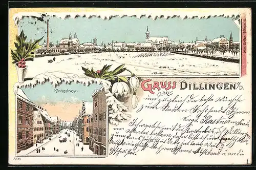 Winter-Lithographie Dillingen a. D., Ortsansicht mit Königsstrasse im Schnee