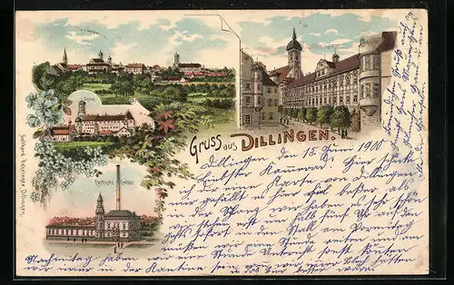 Lithographie Dillingen a. D., Lyceum, Schloss, Elektrische Zentrale