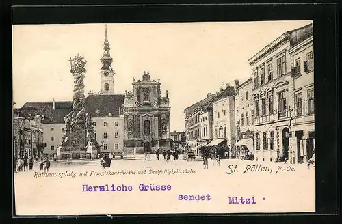 AK St. Pölten, Rathausplatz, Franziskanerkirche, Dreifaltigkeitssäule