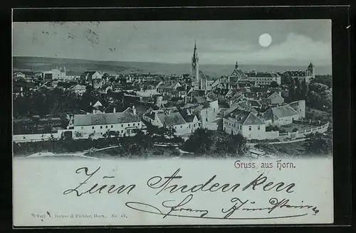 Mondschein-AK Horn, Ortsansicht mit Schloss