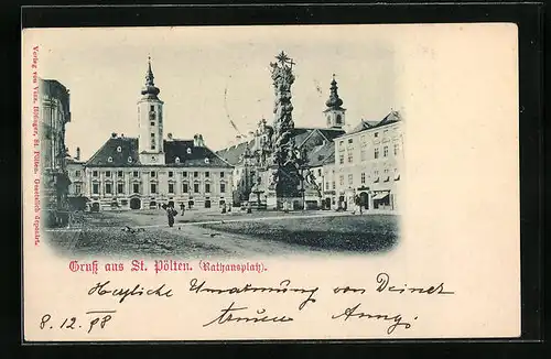 AK St. Pölten, Rathausplatz mit Dreifaltigkeitssäule