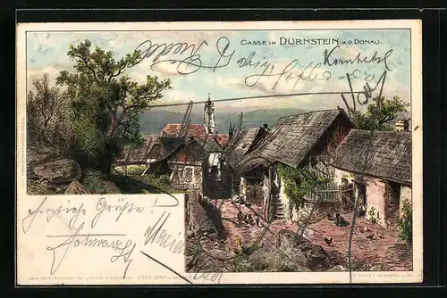 Lithographie Dürnstein a. D., Ortspartie mit Gasse, Hühner