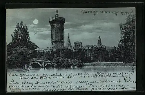 Mondschein-AK Laxenburg, Die Franzensburg bei Vollmond