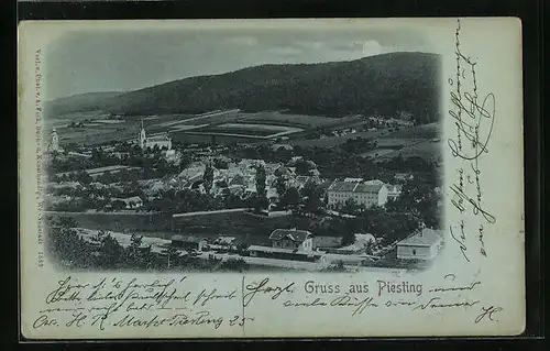 Mondschein-AK Piesting, Ortsansicht aus der Vogelschau