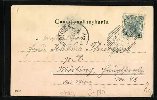 Lithographie Dürnstein /Donau, Ortspartie mit Brücke