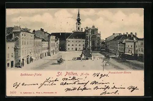 AK St. Pölten, Rathhaus-Platz mit Franziskaner-Kirche