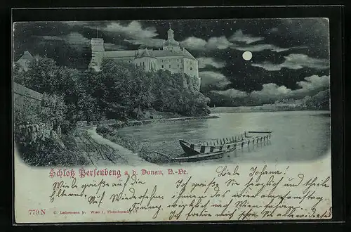 Mondschein-AK Persenbeug, Schloss Persenbeug an der Donau