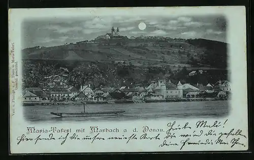 Mondschein-AK Marbach /Donau, Ortsansicht mit Maria-Taferl