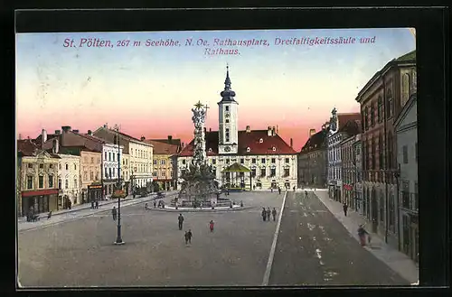 AK St. Pölten, Rathausplatz, Dreifaltigkeitssäule und Rathaus
