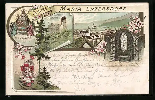 Lithographie Maria Enersdorf, Ortsansicht, Schloss Lichtenstein und Prozession
