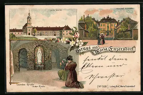 Lithographie Maria Enzersdorf, Lourdes Grotte in der Kirche, Schloss Hunyady