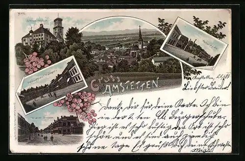 Lithographie Amstetten, Ortsansicht, Schloss Wallse, Hauptplatz, Wiener Strasse