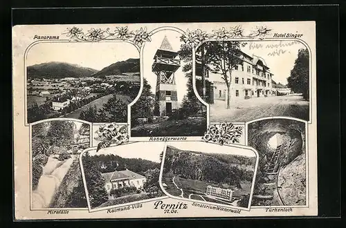 AK Pernitz, Panorama, Roseggerwarte, Hotel Singer, Raimund-Villa