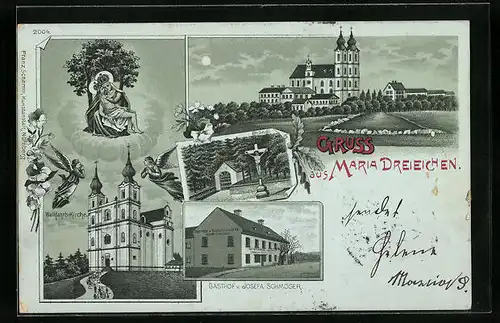 Lithographie Maria Dreieichen, Wallfahrts-Kirche, Bründl, Gasthof von Josefa Schmöger