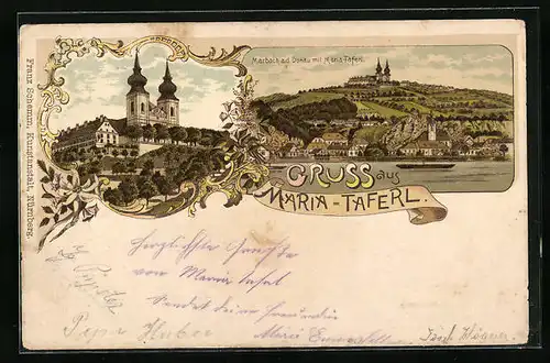 Lithographie Maria-Taferl, Ansicht der Kirche mit Marbach a. d. Donau