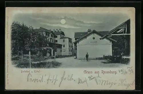Mondschein-AK Rosenburg, Bahnhof und Hôtel