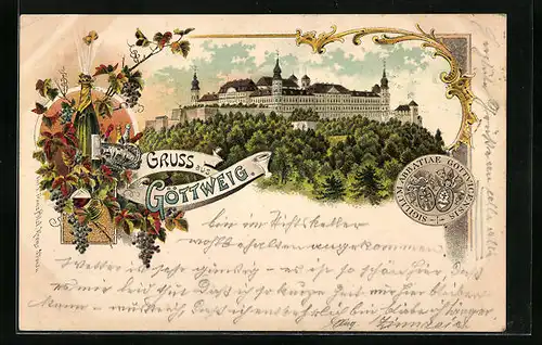 Lithographie Göttweig, Ansicht des Benediktinerstifts mit Sektflasche