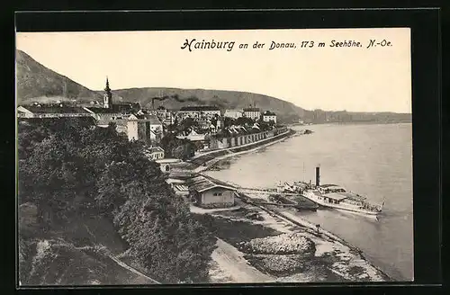 AK Hainburg / Donau, Totalansicht mit Flusspartie
