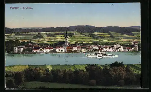 AK Pöchlarn / Donau, Totalansicht mit Kirche und Flusspartie