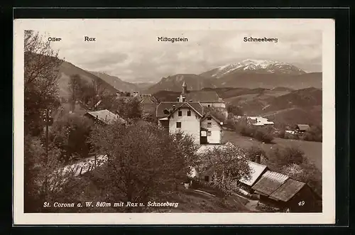 AK St. Corona a. W., Ortsansicht mit Rax und Schneeberg