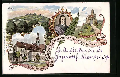 Lithographie Berthelsdorf, Schloss und Kirche, Hutberg