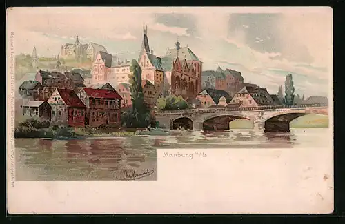 Lithographie Marburg a. L., Uferpartie mit Brücke