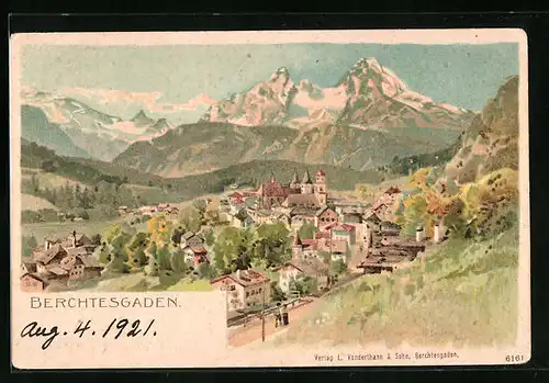Künstler-AK Berchtesgaden, Ortschaft vor Bergpanorama
