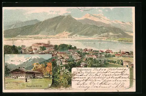 Lithographie Tegernsee, Totalansicht, Bauer in der An