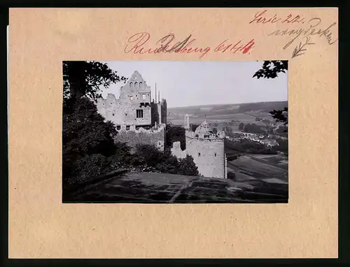 Fotografie Brück & Sohn Meissen, Ansicht Rudelsburg a. Saale, Blick von oben auf die Ruine der Rudelsburg