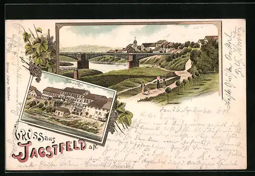 Lithographie Jagstfeld, Bräuninger, Uferpartie mit Brücke