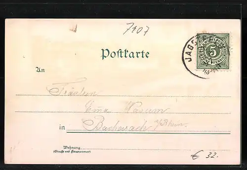 Lithographie Jagstfeld, Bräuninger, Uferpartie mit Brücke