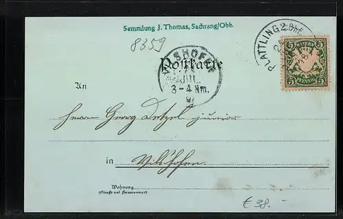 Mondschein-Lithographie Plattling, Teilansicht, Ortspartie mit Kirche