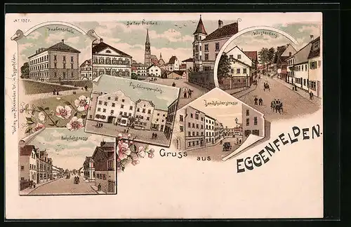 Lithographie Eggenfelden, Knabenschule, Fischbrunnenplatz, Landshuterstrasse