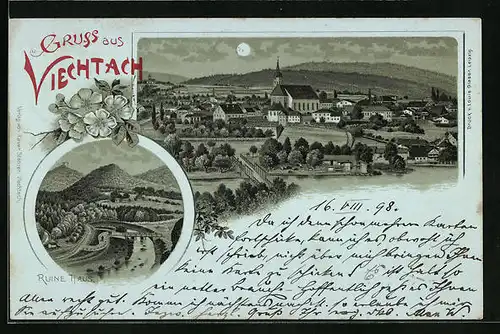 Lithographie Viechtach, Teilansicht mit Kirche, Ruine Haus