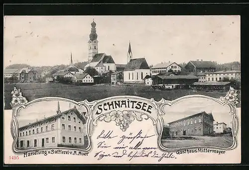 AK Schnaitsee, Gasthaus Mittermayer, Handlung und Sattlerei v. A. Auer, Teilansicht mit Kirche