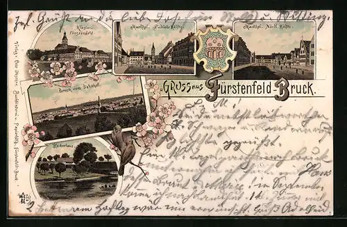 Lithographie Fürstenfeld-Bruck, Weiherhaus, Kloster Fürstenfeld, Marktplatz Südliche Hälfte