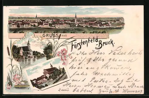 Lithographie Fürstenfeld-Bruck, Teilansicht, Pfarrkirche von der Brücke aus gesehen, Kloster