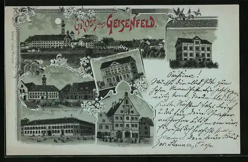 Mondschein-Lithographie Geisenfeld, Post und Gasthof Fuchsbuchler, Rathasu, Krankenhaus