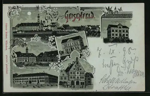 Mondschein-Lithographie Geisenfeld, Post und Gasthof Fuchsbüchler, Krankenhaus, Knabenschule