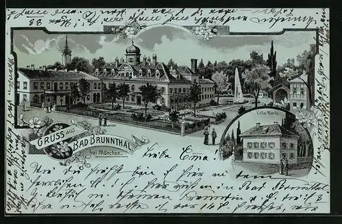 Mondschein-Lithographie Bad Brunnthal bei München, Villa Maria, Ortspartie