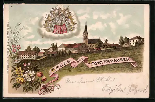 Lithographie Tuntenhausen, Ortspartie mit Kirche, Gnadenbild