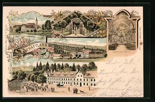 Lithographie Schäftlarn, Brauerei und Gasthaus, Kloster Schäftlarn, Inneres der Kirche