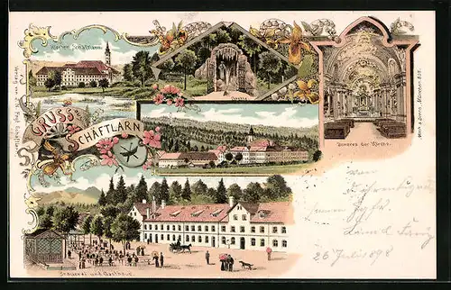 Lithographie Schäftlarn, Brauerei und Gasthaus, Kloster Schäftlarn, Inneres der Kirche